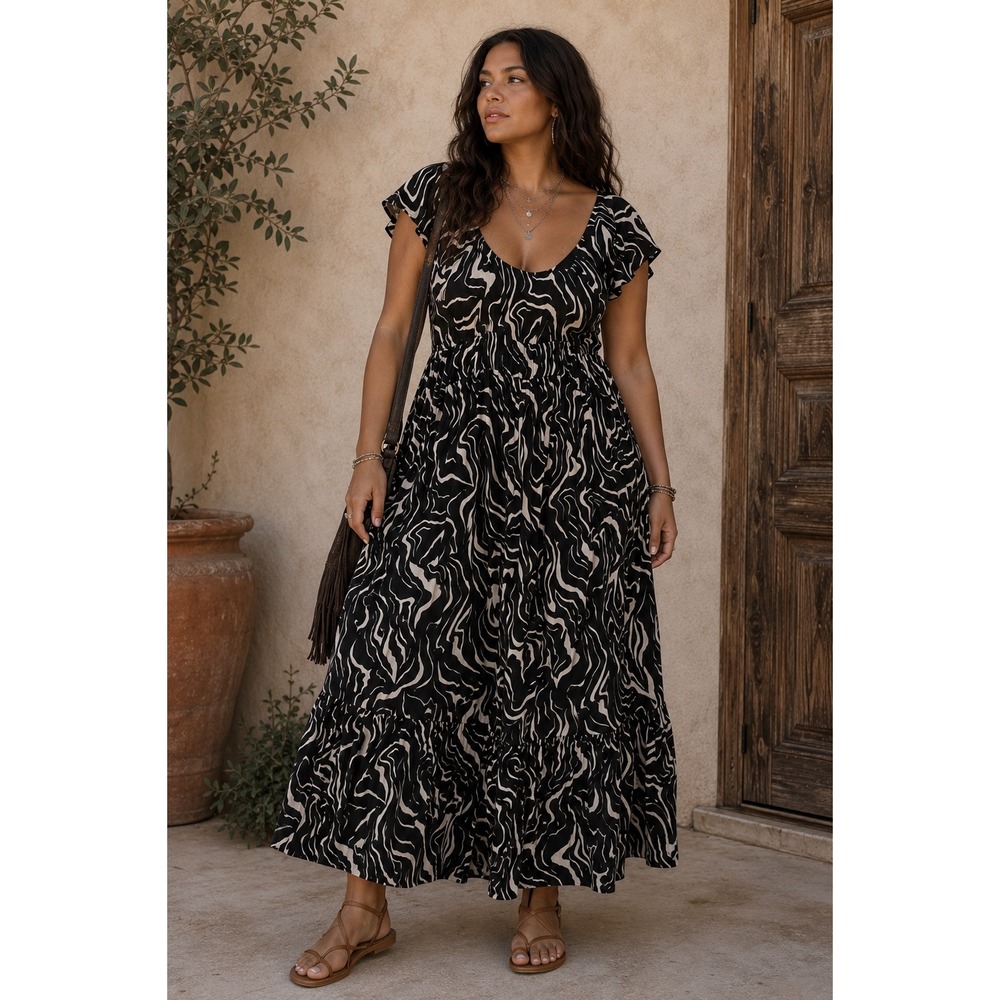 Nine West Womens Black White Abstract Swirl Smocked Maxi Dress Large